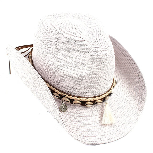 Sombrero de playa de paja vaquera con correa de concha