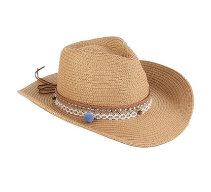 Sombrero de playa de paja vaquera con correa de cuero